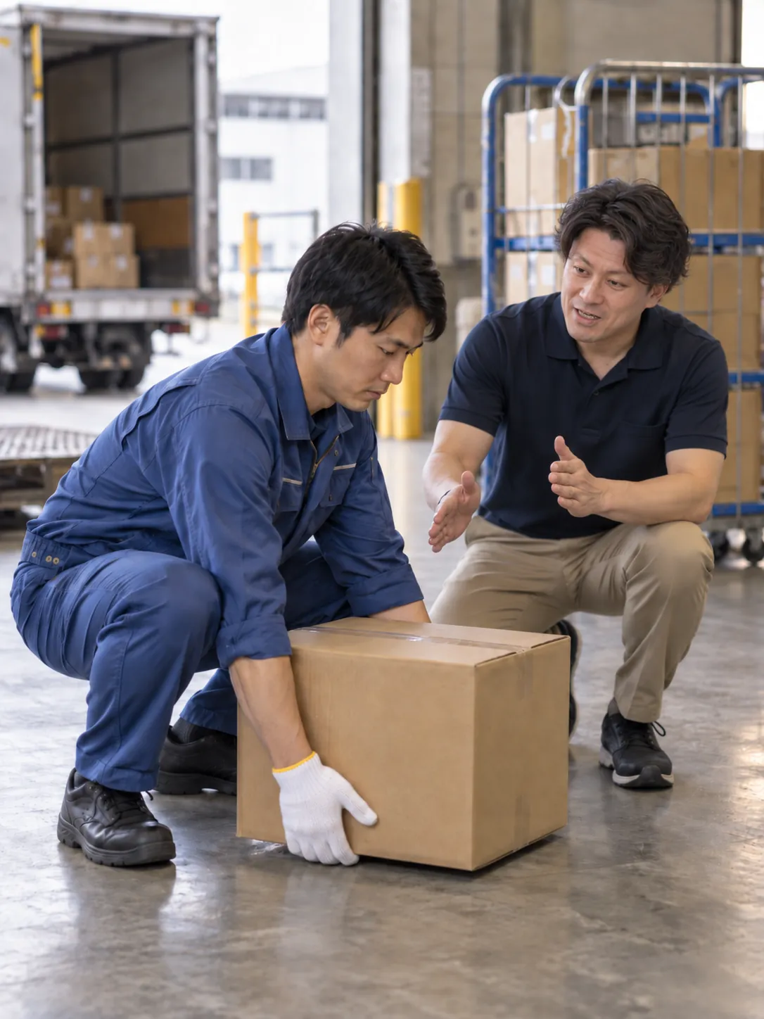 荷物の持ち上げ動作を指導する様子